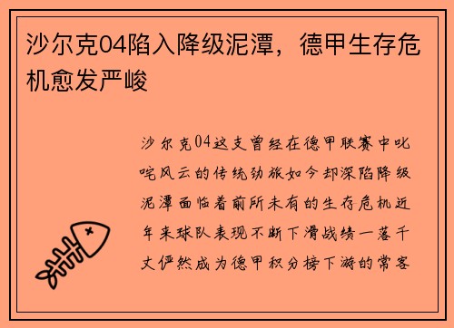 沙尔克04陷入降级泥潭，德甲生存危机愈发严峻